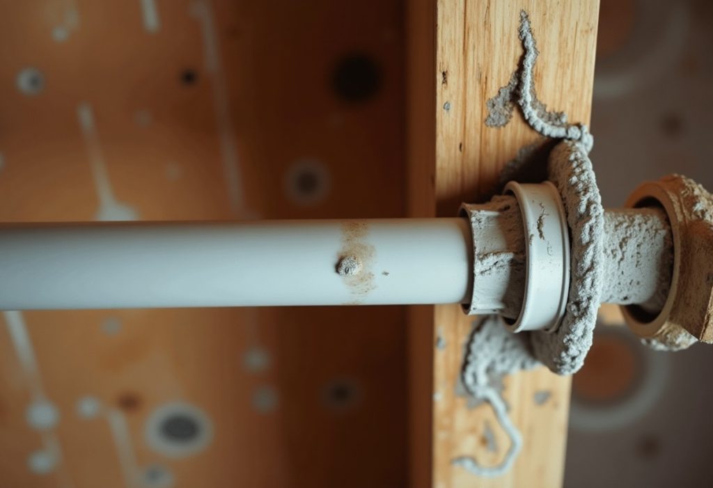 Kinked PEX pipe and a water-stained stud beneath a crusted brass fitting