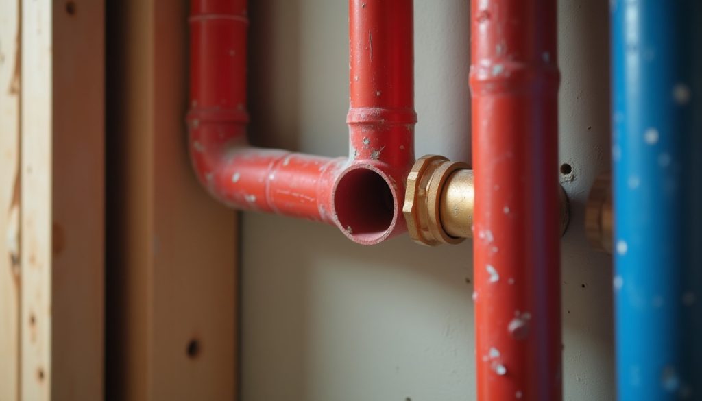 Lengths of red and blue PEX tubing running through drilled wall studs, with one section showing a sharp kink near a bras