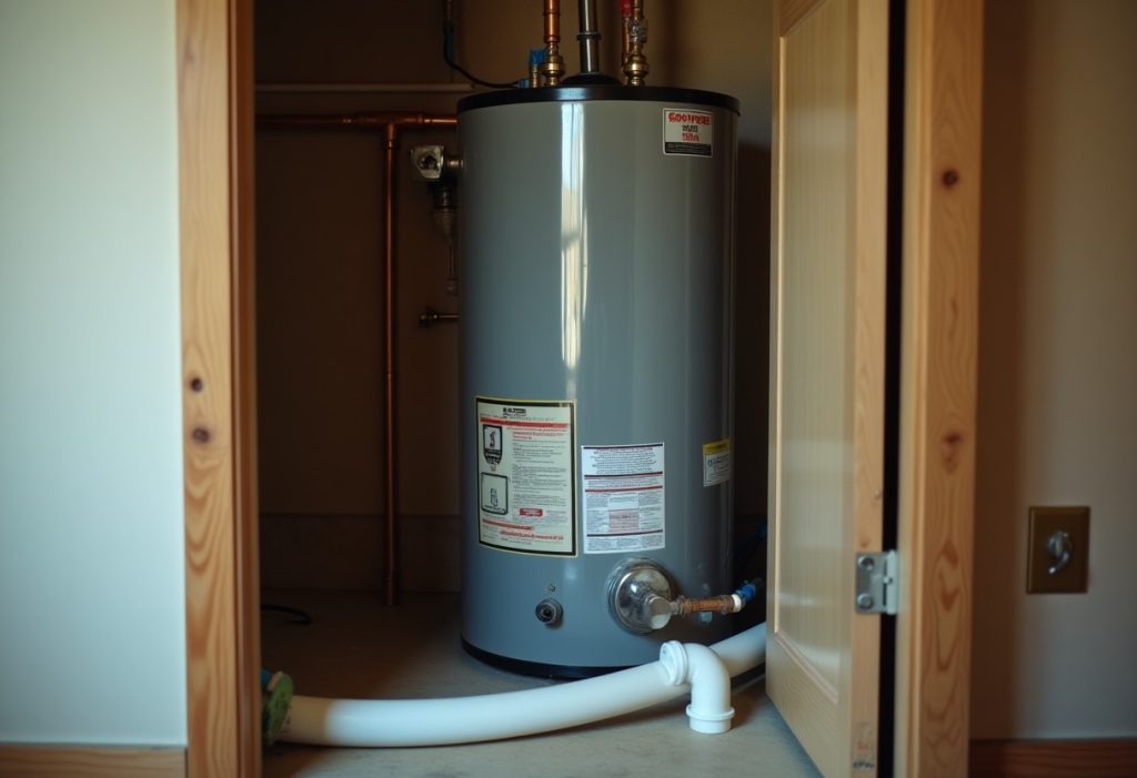 Water heater with copper and PEX lines connected, unused white PVC pipe on floor