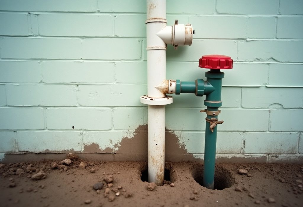 Painted PVC pipe on exterior wall connecting to buried PEX tubing near hose bib