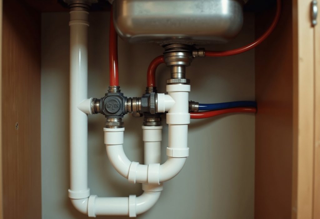 PVC drain pipe and PEX supply lines under a kitchen sink cabinet