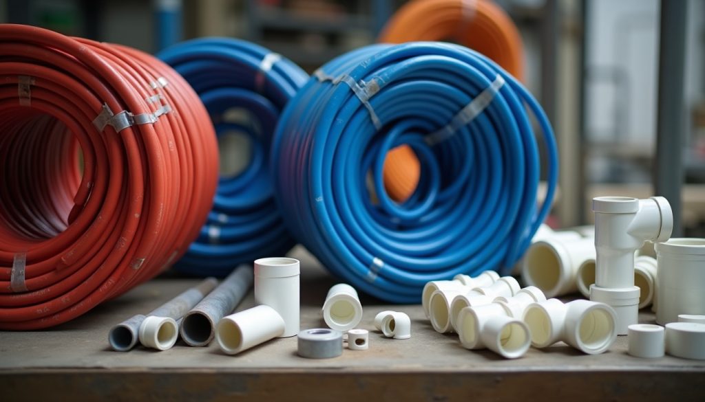 Coils of red and blue PEX tubing beside lengths of white PVC pipe and fittings on a workbench