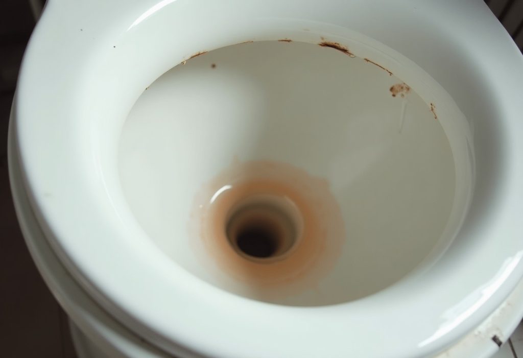 Pink ring visible along toilet bowl waterline on white porcelain