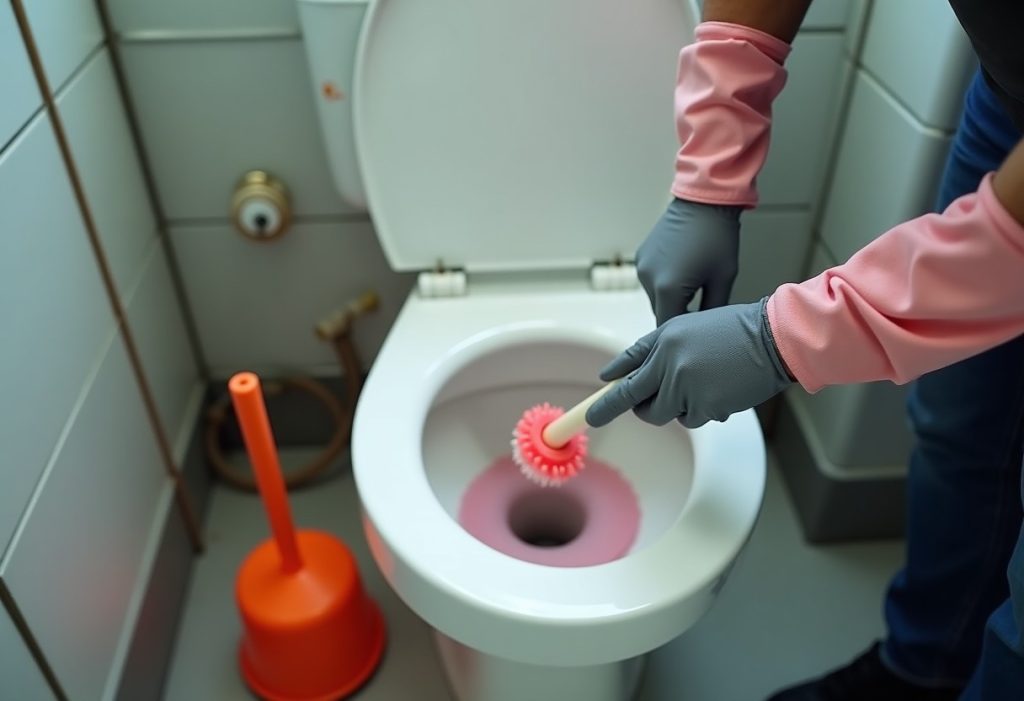 Gloved hand with toilet brush near bowl showing pink staining