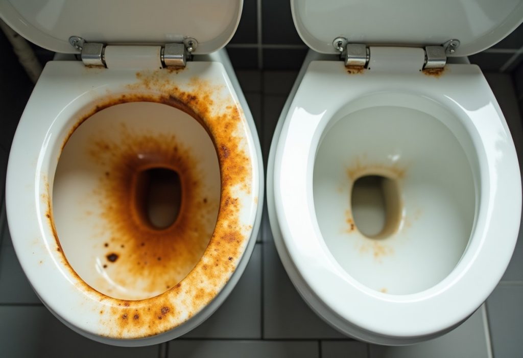 Toilet bowl surface with orange rust patch and white mineral crust
