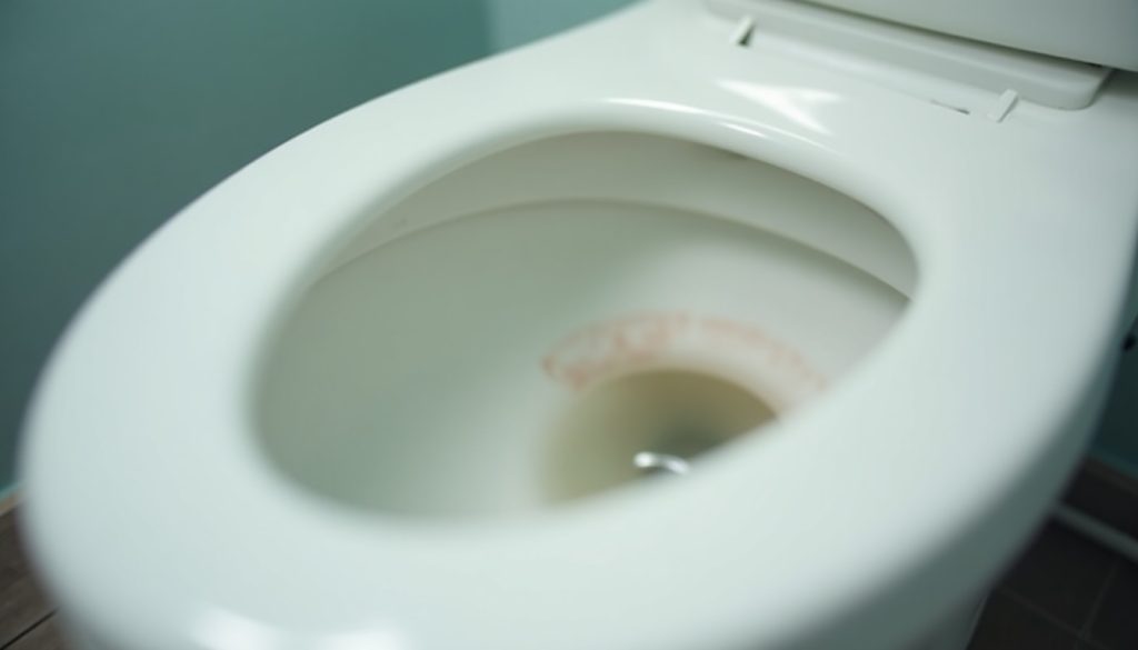 Close-up of a white toilet bowl showing a faint pinkish ring at the waterline, clean bathroom, soft natural light, no pr