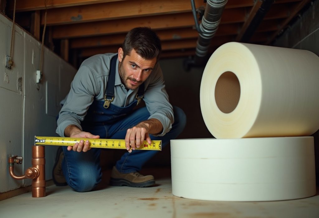 Plumber measuring copper pipe diameter with tape measure near foam insulation rolls