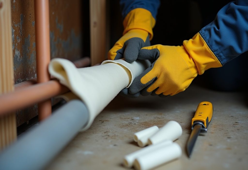 Gloved hands fitting foam sleeve insulation around copper pipe with utility knife nearby