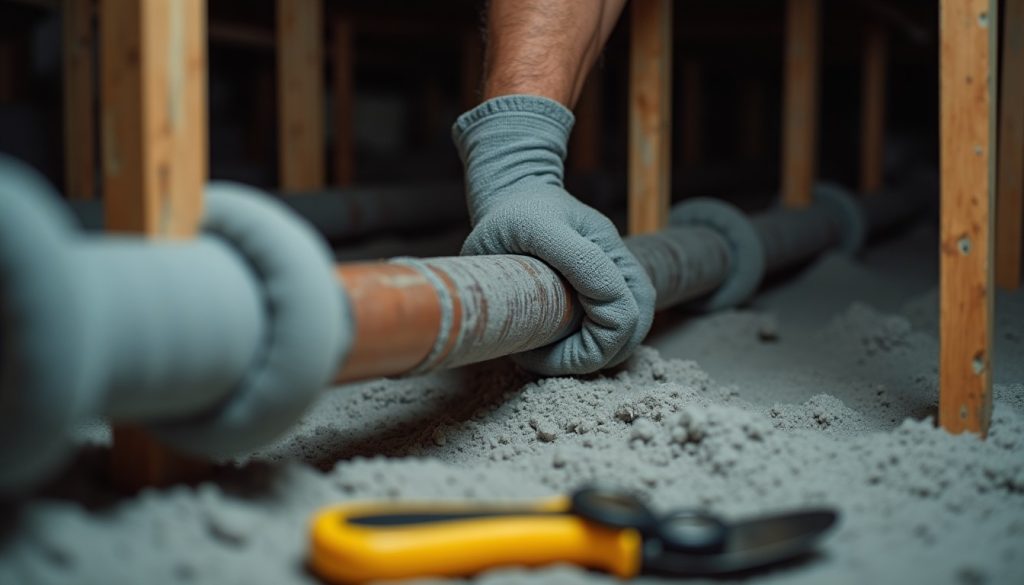 Gloved hands install gray foam insulation on a copper pipe, with a utility knife nearby in dim basement light.