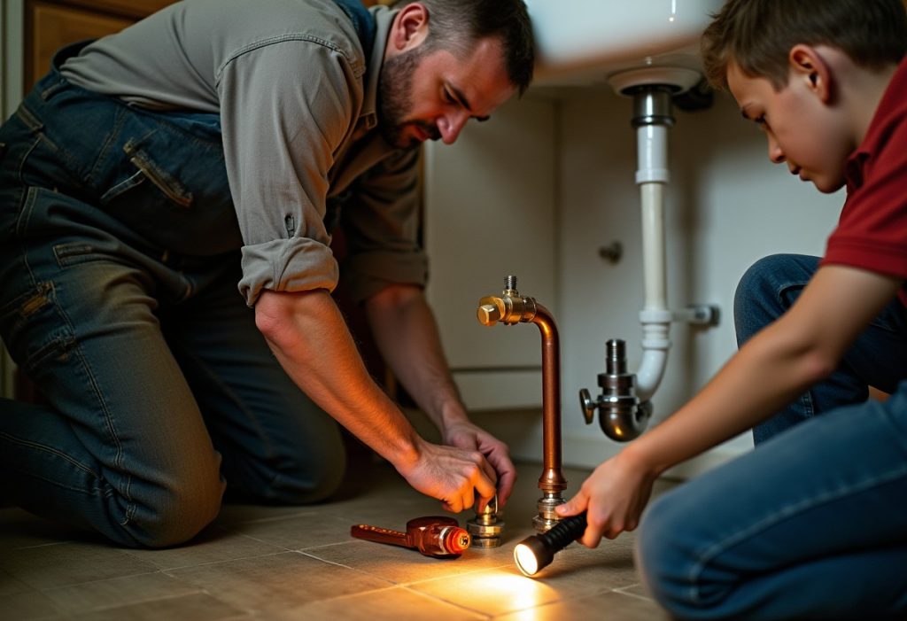 Plumber and apprentice working together on copper pipe fitting under a sink