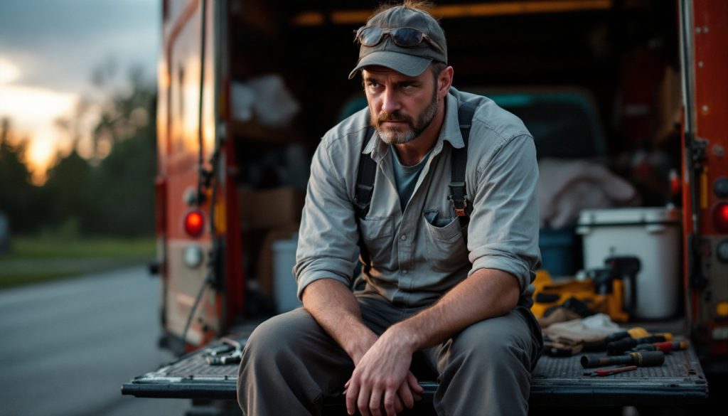 A tired plumber sitting on the tailgate of his work truck at the end of a day, tools beside him, evening light