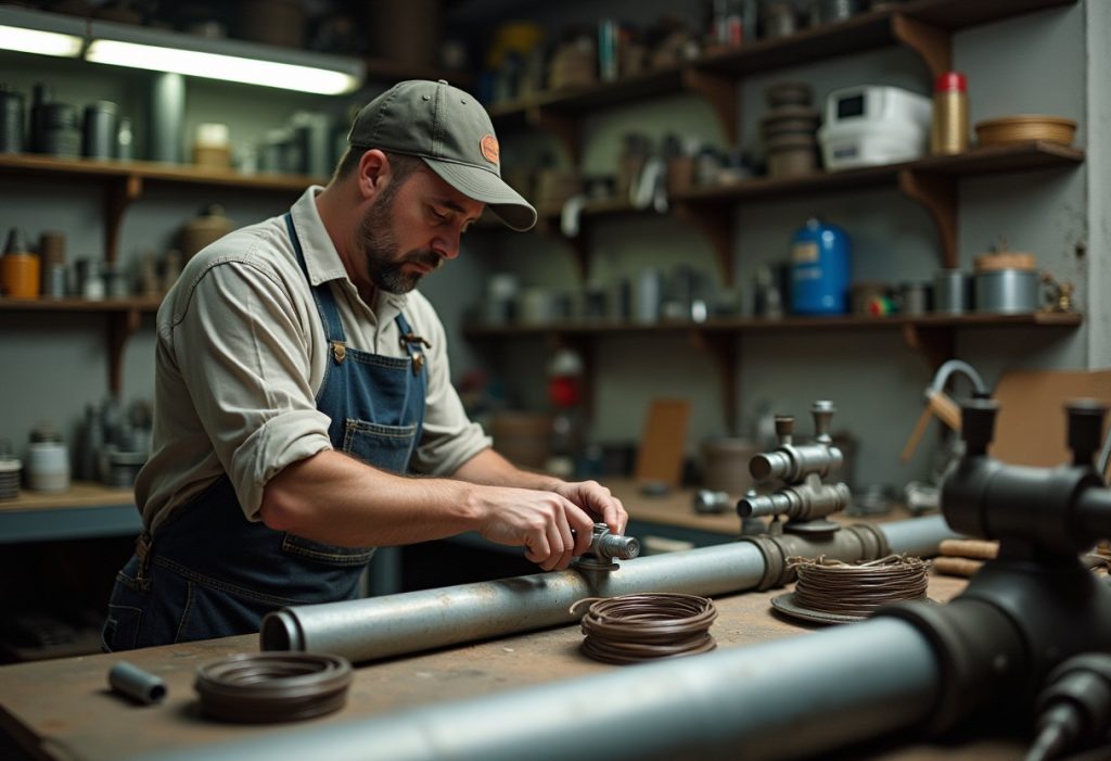 Plumber threading galvanized pipe at a workbench surrounded by tools and fittings