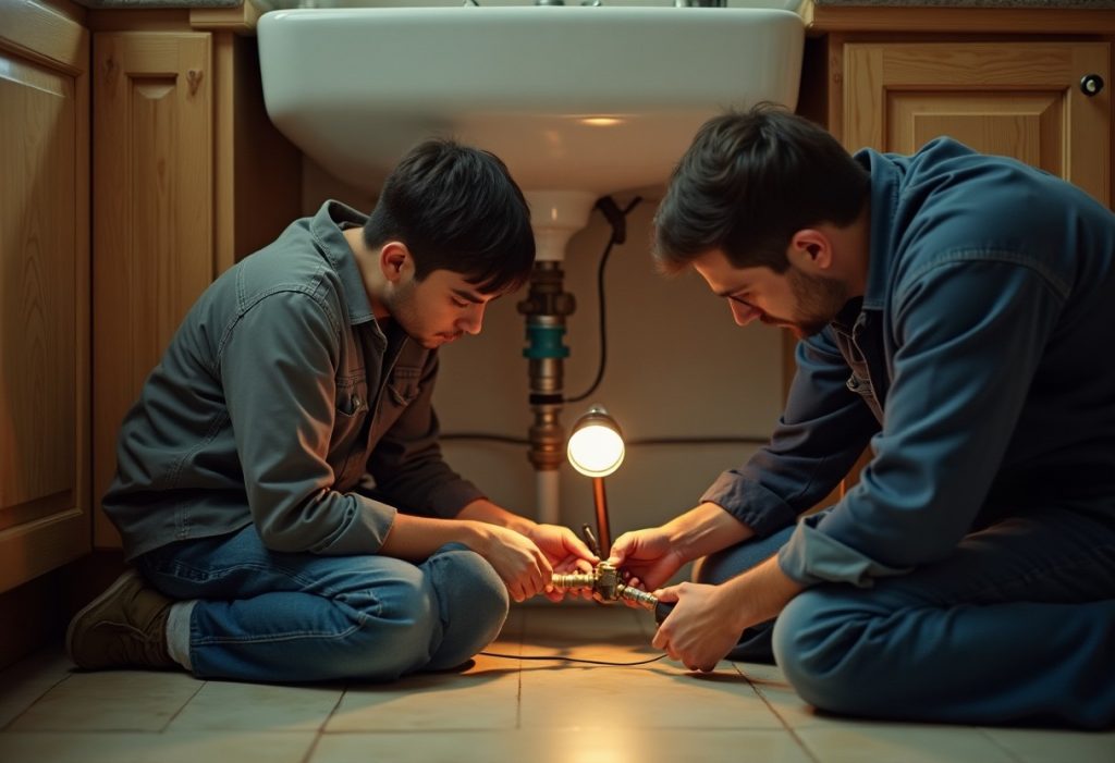 Apprentice plumber tightening a brass fitting under a kitchen sink with wrench