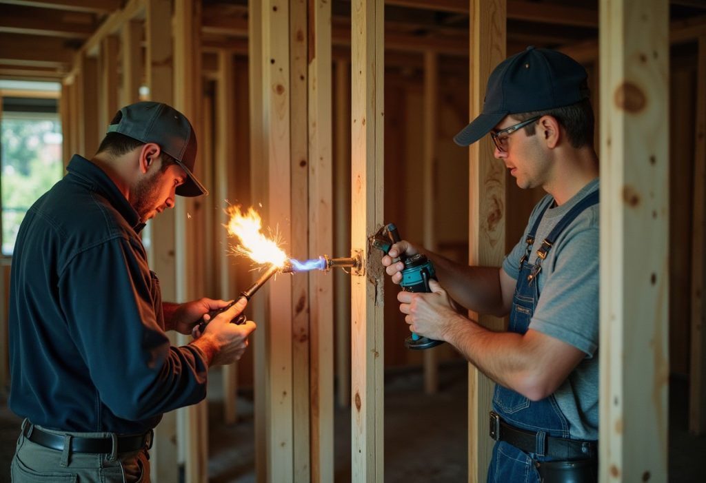 Plumber soldering copper pipe beside an electrician pulling wire through studs