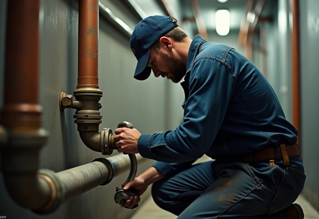 Plumber tightening a copper fitting in a commercial boiler room