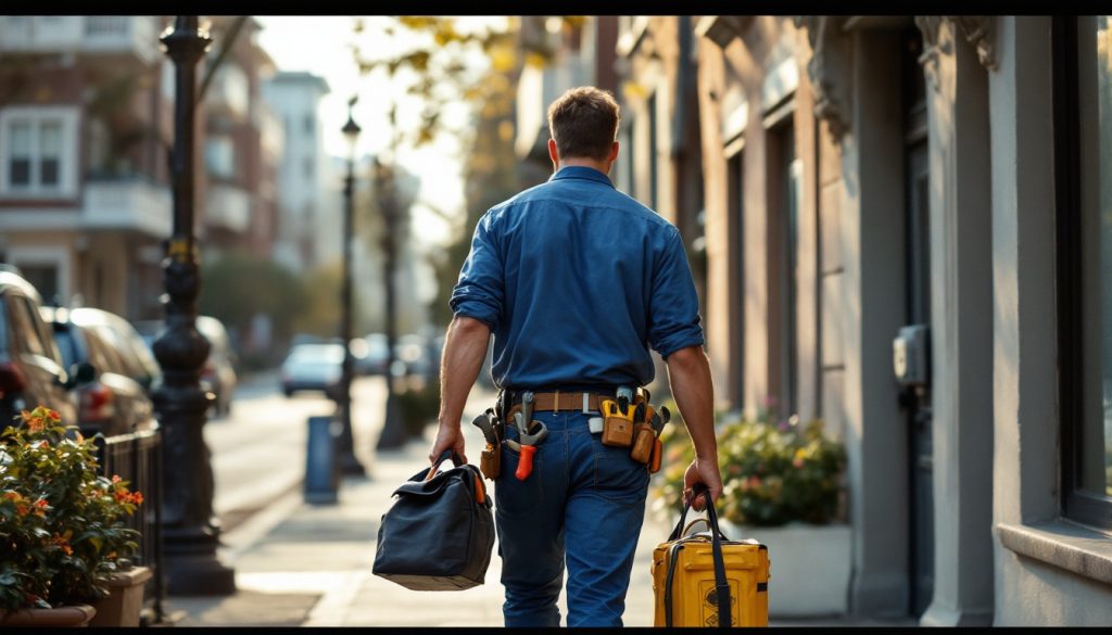 A plumber carrying a toolbag along a city sidewalk past apartment buildings, morning light