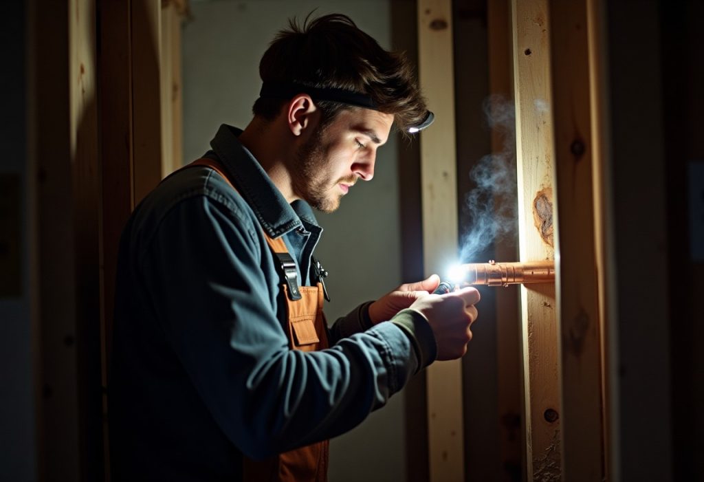 Plumber soldering copper pipe joint using a propane torch in a crawlspace