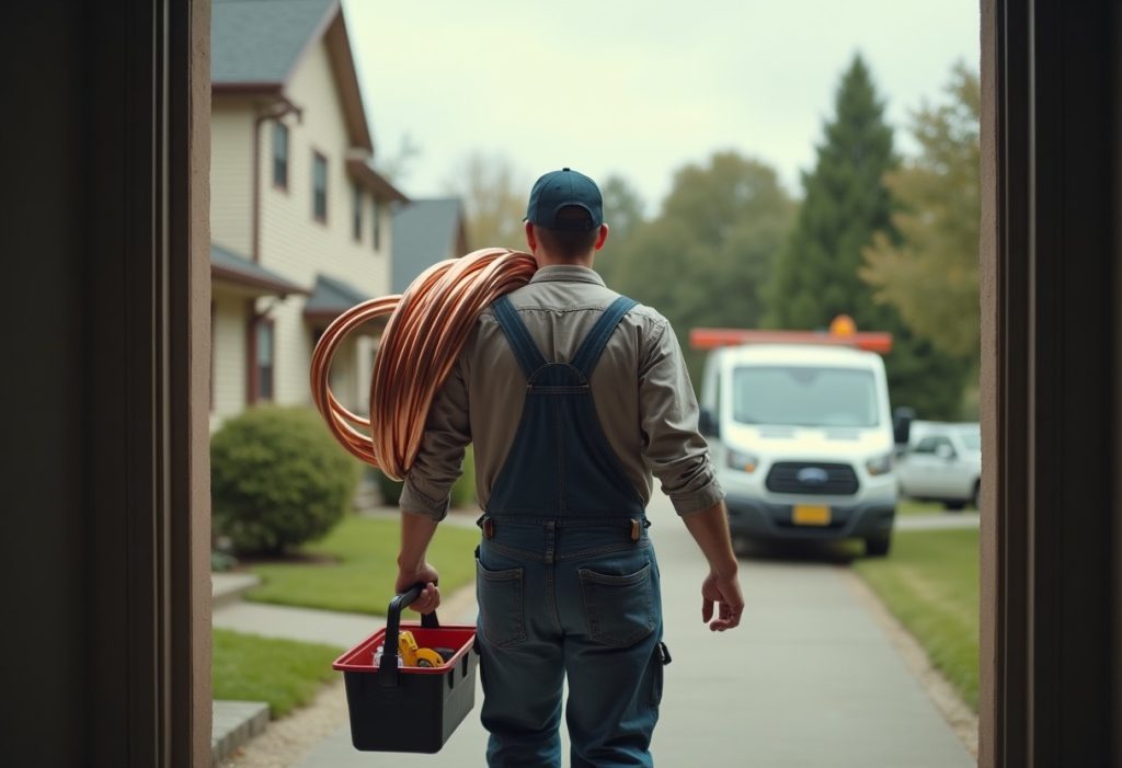 Plumber carrying copper pipe and toolbox toward a parked work van