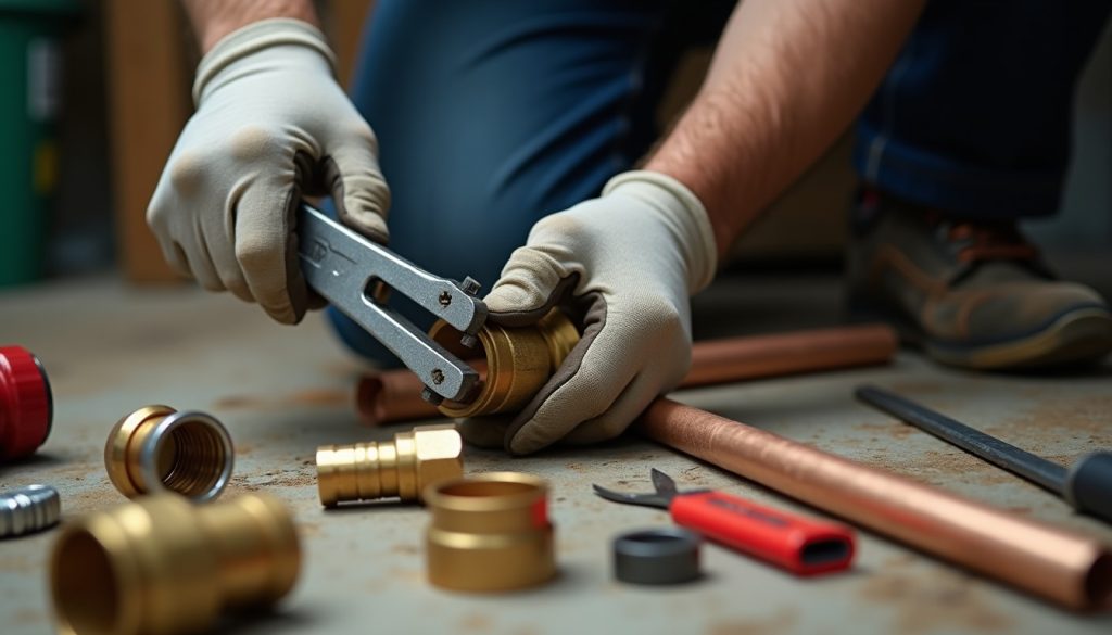 Gloved hands tighten a brass pipe fitting with a wrench amid copper pipes and tools.