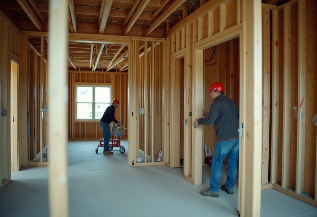 Electrician running wire through wall studs while a plumber works on pipes nearby