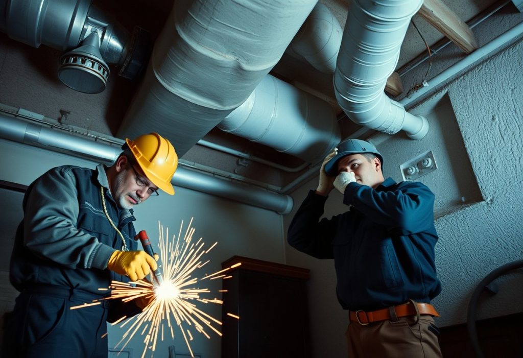 Steamfitter welding pipe joint near an HVAC technician servicing a condenser unit