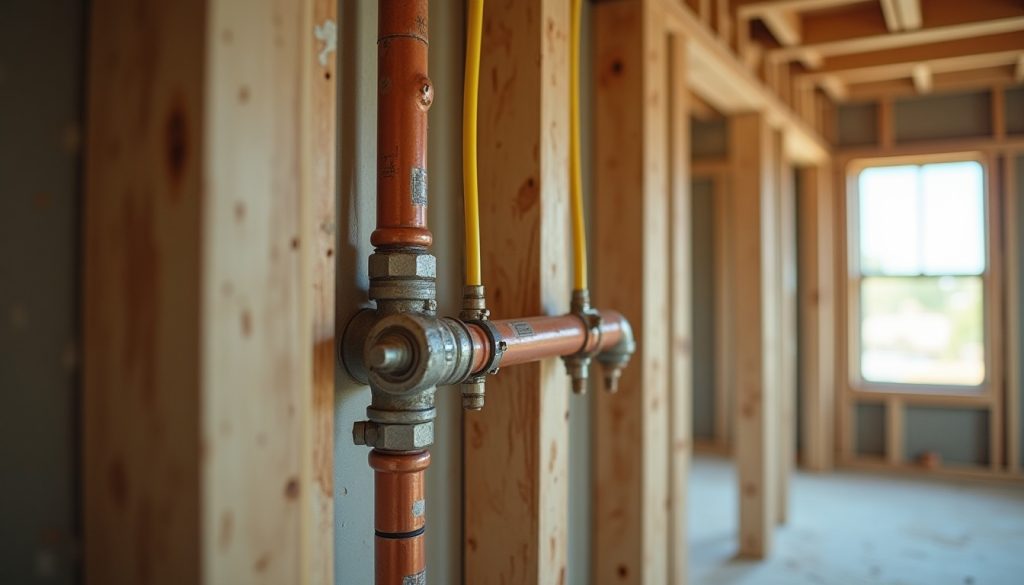 An unfinished house interior with copper and PEX water lines and yellow electrical cable both run through the same open