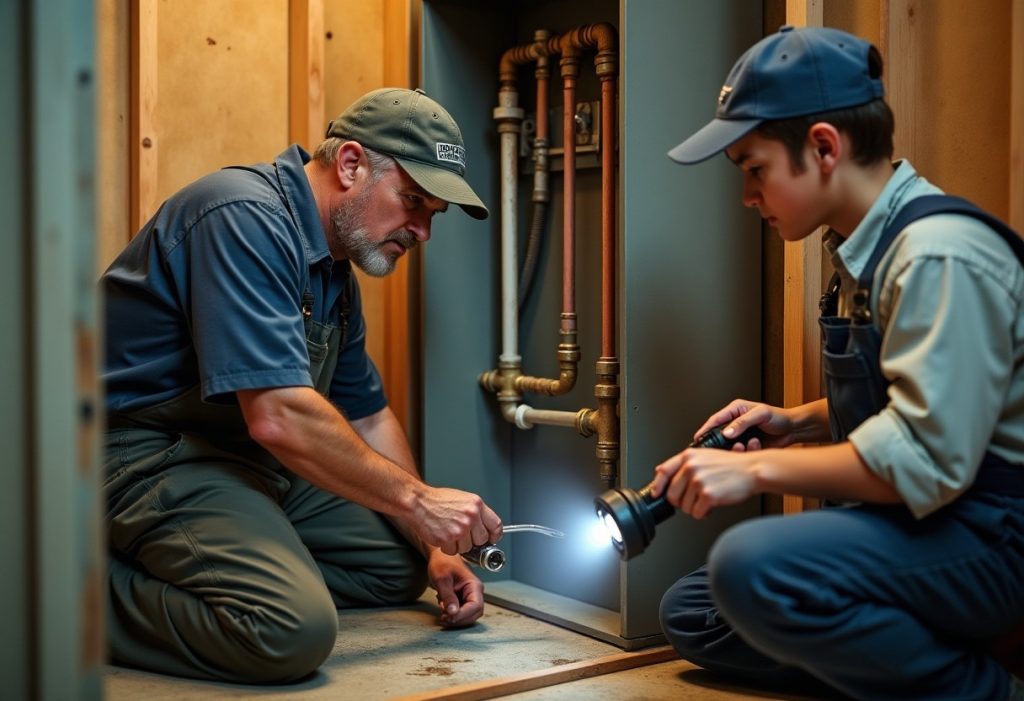 Experienced plumber installing copper manifold while apprentice assists with tools