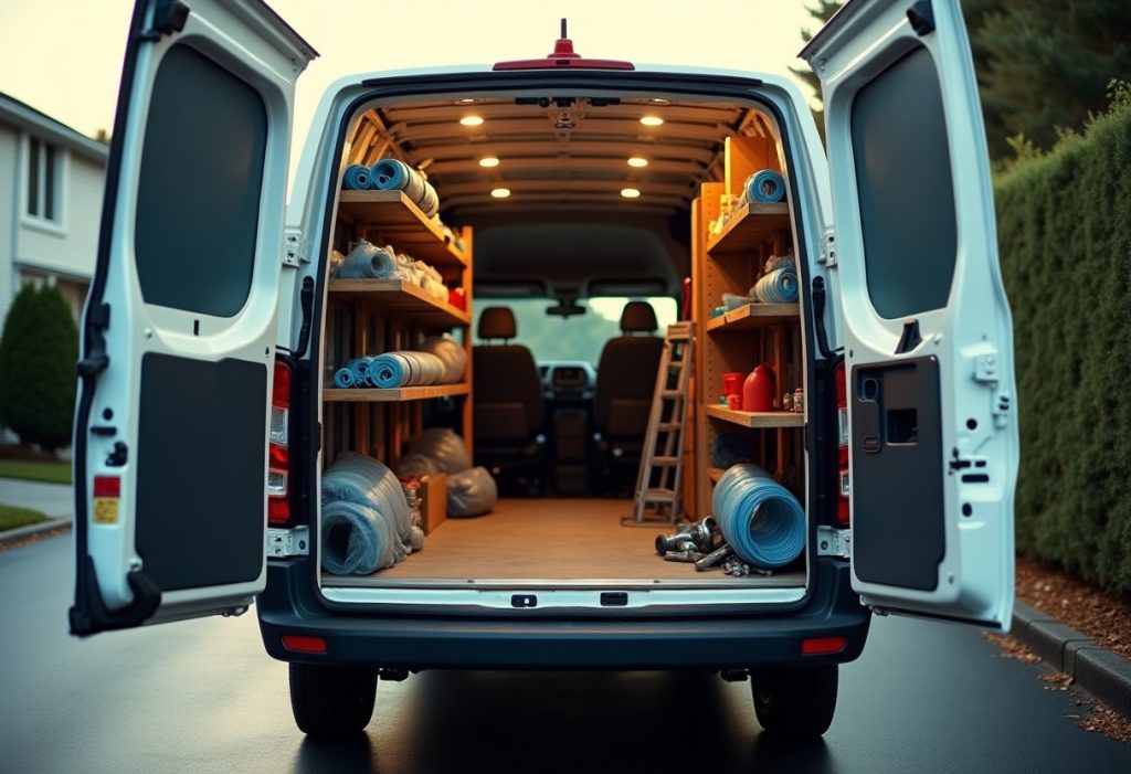 Plumbing service van with open doors showing organized tools and pipe fittings