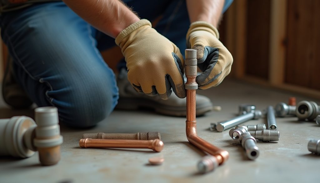 Gloved hands use a pipe wrench on copper pipe, surrounded by tools and fittings on floor.
