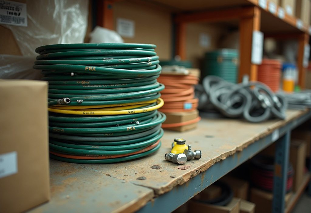 Coils of PEX, boxes of fittings and copper pipe on a supply counter