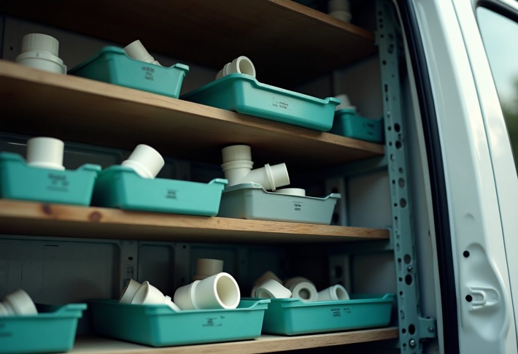 Organised bins of fittings on shelves inside a service van