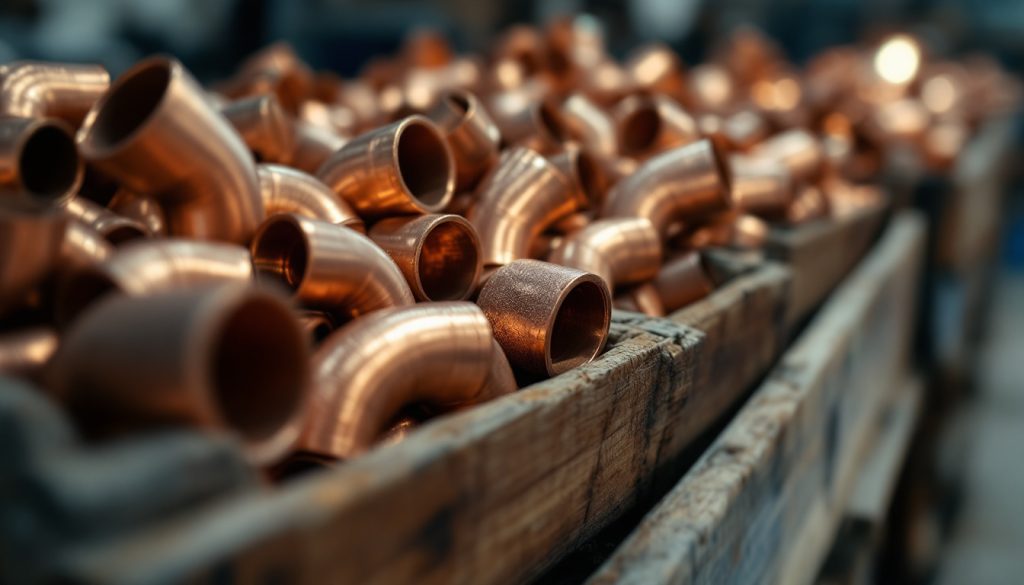 Copper pipe elbows and fittings stacked in wooden bins