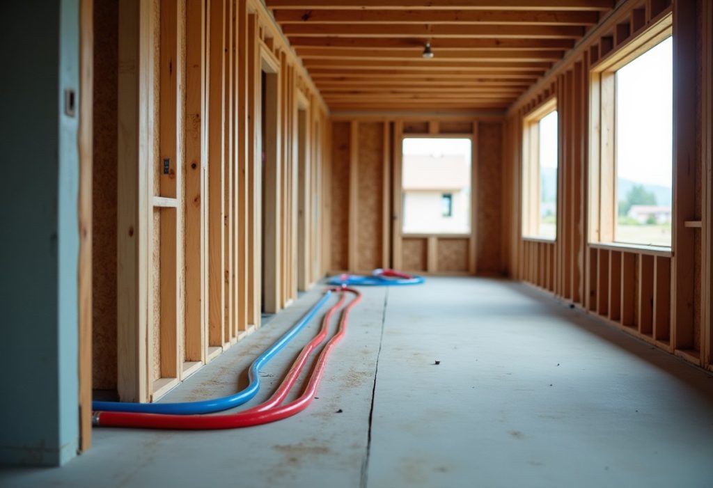 PEX supply lines stubbed up through the subfloor of a framed new house