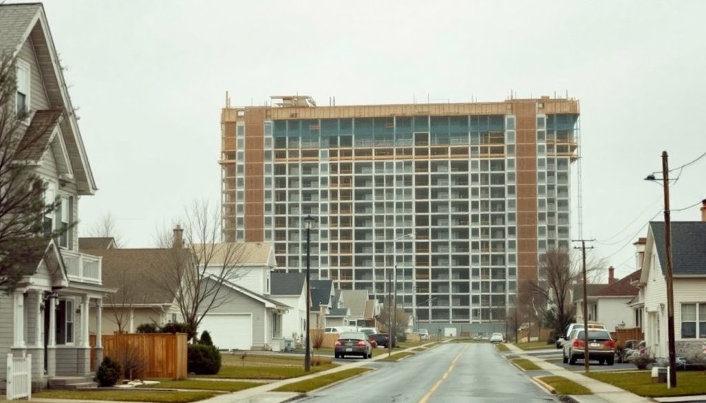 A suburban street with single-family houses in the foreground and a mid-rise commercial building under construction behind, overcast daylight