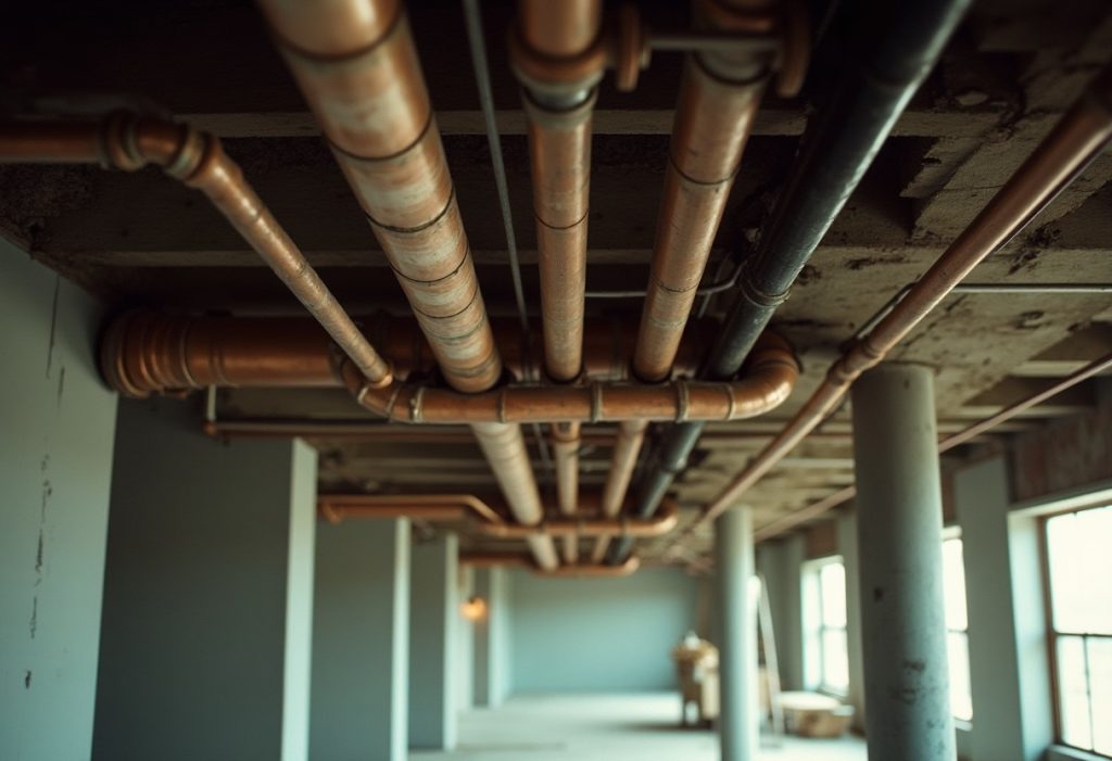 Copper and cast iron pipes along the ceiling of a commercial basement