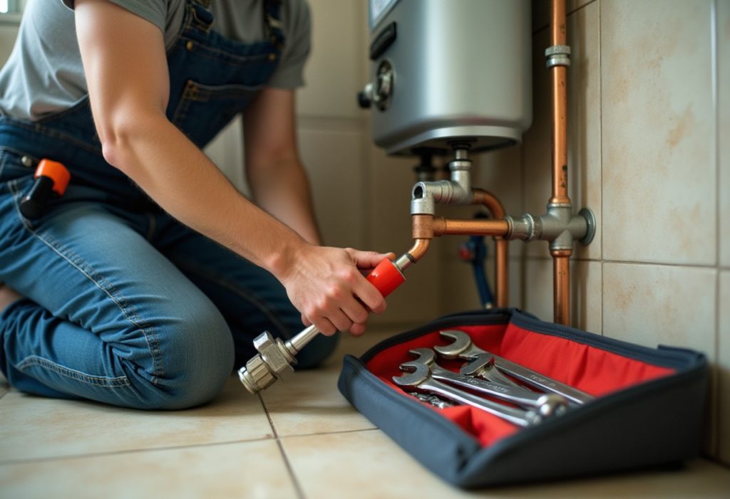 Plumber kneeling on tile floor connecting copper pipe to a water heater