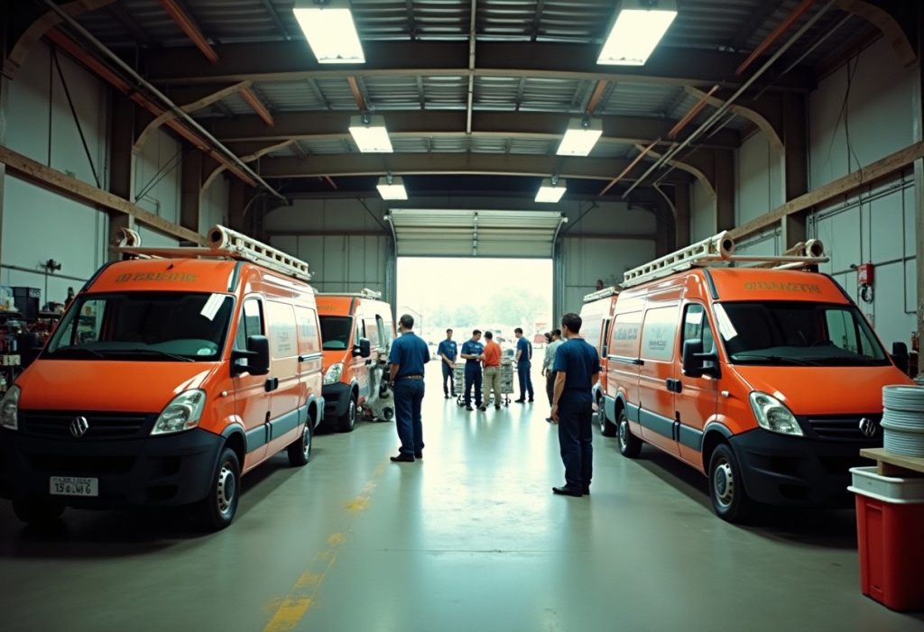 Technicians loading plumbing supplies into service vans in a garage
