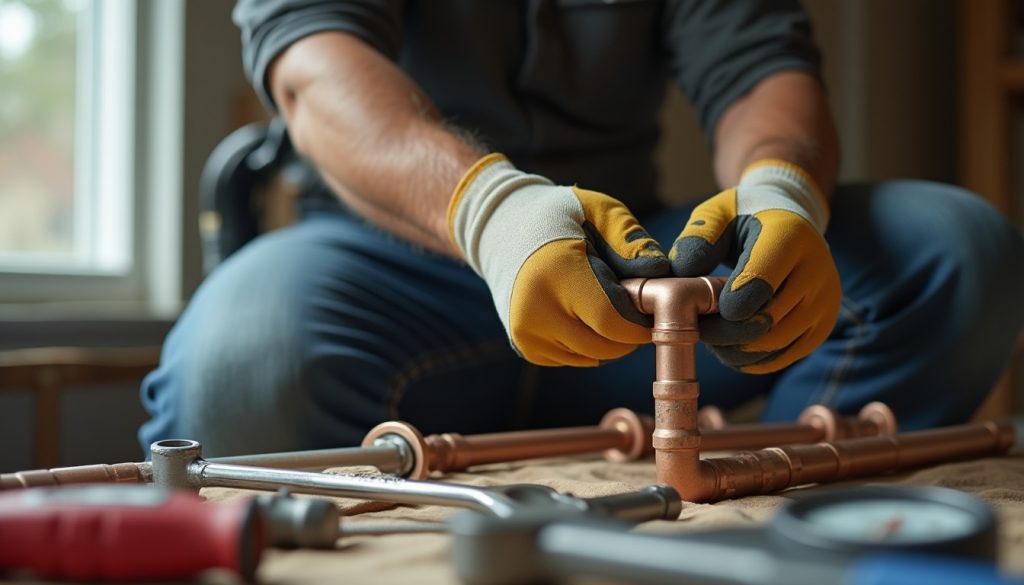 Gloved hands tighten a brass fitting on copper pipe, wrenches and pipe scraps on a drop cloth nearby.