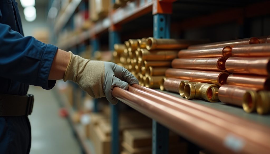Gloved hand selecting a copper pipe from neatly stacked pipes and brass fittings on a warehouse shelf.