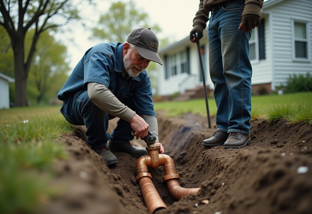 Plumber and apprentice fitting copper pipe at an open trench in a yard
