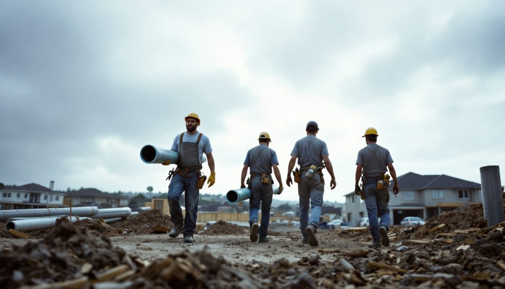 A plumbing crew of four walking across a residential construction site carrying pipe and tools