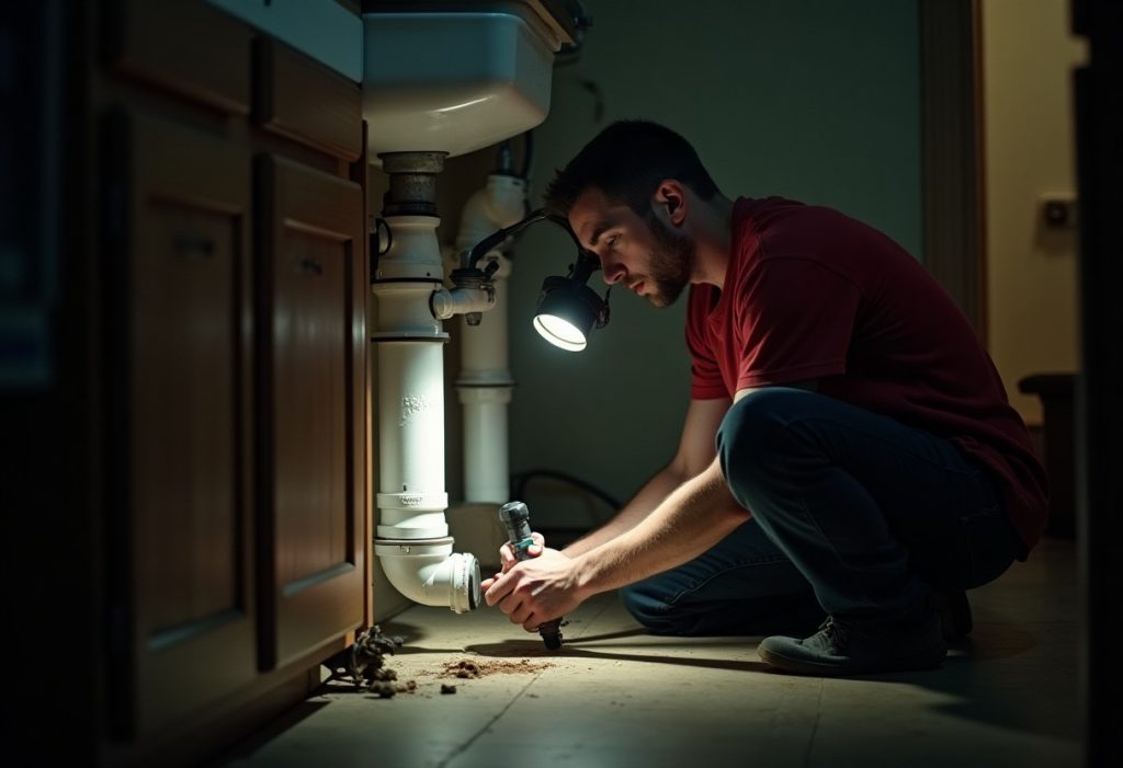 Plumber under a kitchen sink tightening a PVC drain fitting by flashlight
