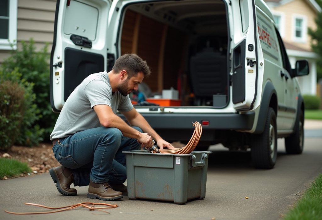 Plumber loading tools and copper tubing into a van at a residential driveway