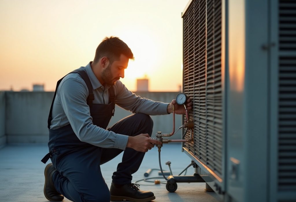 HVAC technician servicing a rooftop condenser unit with gauges and wrench