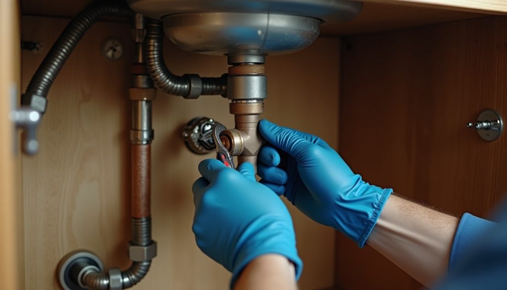 Gloved hands use a wrench to tighten a copper pipe fitting under a sink amid valves and supply lines.
