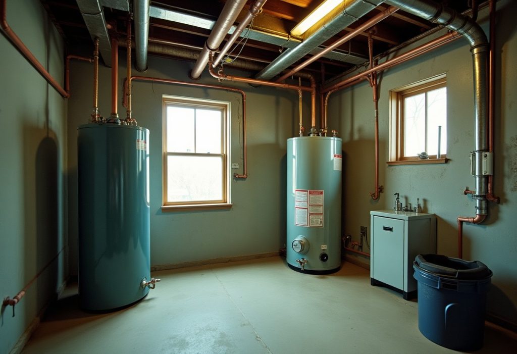Mechanical room with plumbing lines and HVAC ductwork side by side