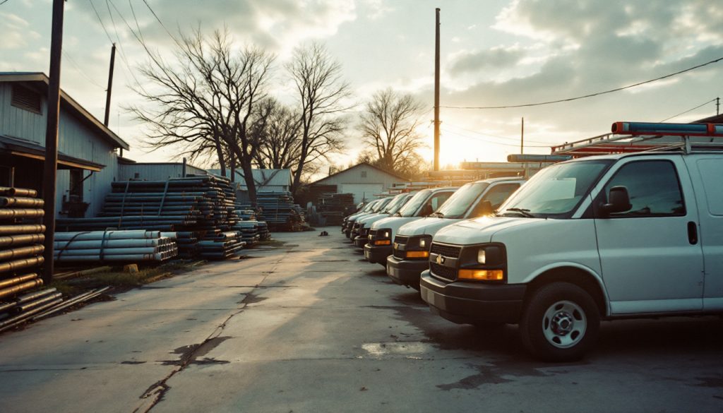 Wide shot of a plumbing contractor's yard at sunrise with a row of white service vans and stacked pipe, no people close up