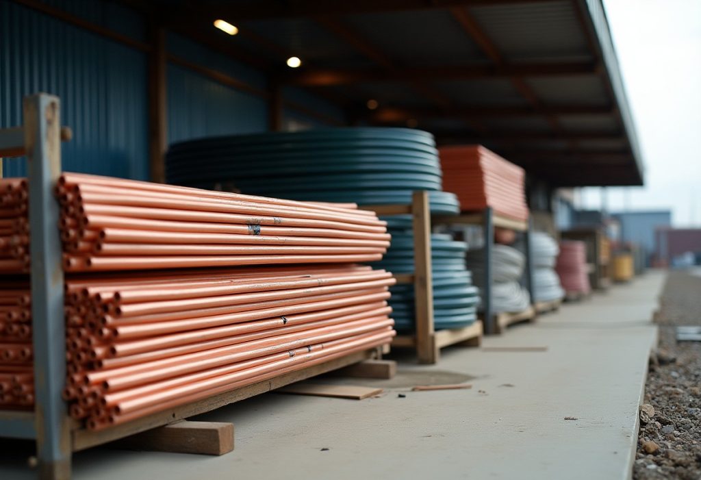 Copper pipe and PEX coils on racks in a contractor's yard