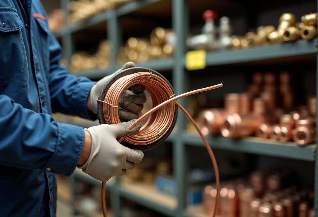 Hands uncoiling copper tubing beside shelves of brass fittings in a warehouse.