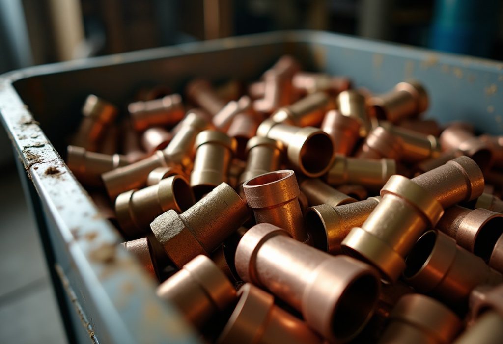 Scrap copper pipe pieces and brass fittings piled in a metal bin.
